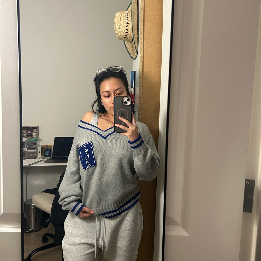 Gray V-Neck Sweater with Blue Accents